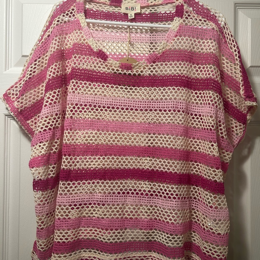 BiBi Women's Pink and Cream Crochet Blouse - Size XL